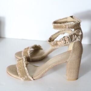 Stuart Weitzman Chaingang Beaded Linen Sandals Heels Womens Size 8